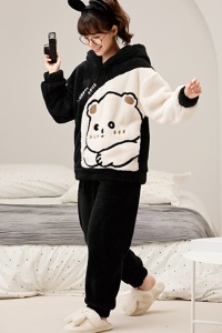 Pijama dama, set 2 piese, bluza maneca lunga cu gluga si pantaloni lungi, model cu animale, ursulet prietenos, tematica I love winter, neagra - Img 2