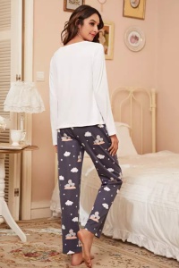 Pijama dama, set 2 piese, bluza maneca lunga si pantalon lung, alb si gri cu imprimeu koala somnoros - Img 2