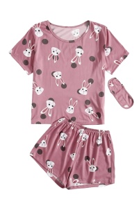 Pijama dama, set 3 piese, tricou maneca scurta, pantalon scurt si masca de dormit, mov cu imprimeu iepurasi