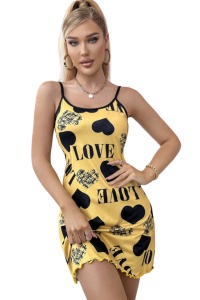 Pijama dama tip rochie scurta cu bretele subtiri reglabile, model cu inimioare, tematica I feel sexy, galbena