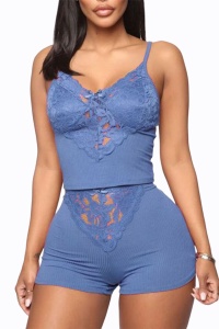 Pijama sexy dama, set 2 piese, top bretele reglabile si pantaloni scurti, model confortabil provocator, albastru