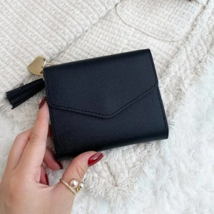 Portofel dama fashion, compartimentat, inchidere cu capsa, accesoriu ciucure si inima aurie, piele ecologica, negru - Img 3