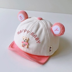 Sapca pentru copii, cozoroc curbat, accesorizata cu urechiuse, model simpatic si vesel, tematica happy baby, 6 luni – 2 ani, roz - Img 3