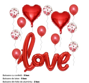 Set 13 baloane indragostiti, decor „Love“, simple si cu confeti, rosii - Img 2