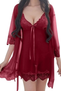 Set 3 piese, pijama sexy, halat, bustiera si chiloti tanga, rosu
