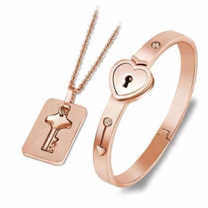 Set bratara cu inimioara si lantic cu cheita, bronz