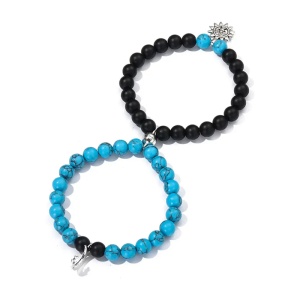 Set bratari cuplu cu magnet, roca semipretioasa, pandantive soare si luna, unisex, neagra si albastra - Img 2