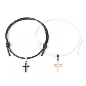 Set bratari cuplu, tip sfoara, cu accesoriu cruce, reglabile, alba si neagra