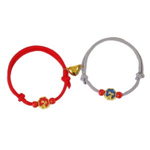 Set bratari tip sfoara, inima cu magnet, pandantiv rotund iepuras norocos, reglabile, unisex, rosie si gri