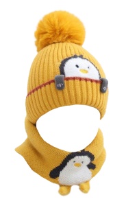 Set caciula copii cu fular pentru iarna, model pinguin vesel, 6 luni – 3 ani, galbena