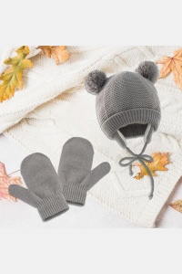 Set caciula copii cu manusi pentru iarna, model cu urechi pom pom, 1-4 ani, gri - Img 4