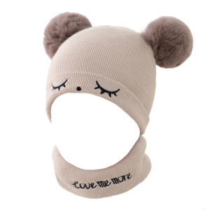 Set caciula iarna cu fular pentru copii, model cu urechi pom pom pufoase si sprancene, tematica love me more, marime universala, crem