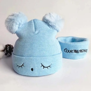 Set caciula iarna cu fular pentru copii, model cu urechi pom pom pufoase si sprancene, tematica love me more, marime universala, albastru deschis - Img 3