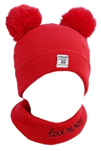 Set caciula pentru iarna cu fular pentru copii, model cu urechi pom pom, rosu, marime universala