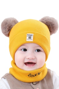 Set caciula pentru iarna cu fular pentru copii, model cu urechi pom pom, galben, marime universala - Img 2