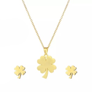 Set dama, lant si cercei, model lucky charm, trifoi cu patru foi, auriu