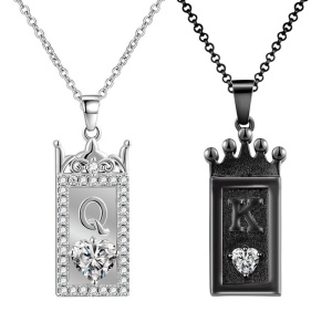 Set lant cu pandantiv king and queen, model cuplu romantic, tematica perechea potrivita, unisex, argintiu si negru