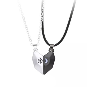 Set lant cuplu cu pandantiv inimioara magnet, model soare si luna, unisex, argintiu cu negru