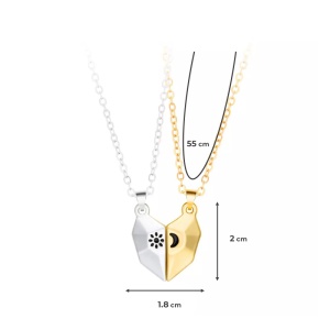 Set lant cuplu cu pandantiv inimioara magnet, model soare si luna, unisex, auriu cu argintiu - Img 3