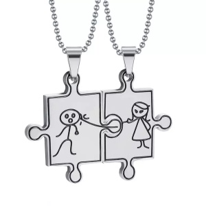 Set lant cuplu cu pandantiv puzzle, model geometric cute couple, unisex, argintiu