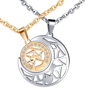 Set lant cuplu, soare si luna, inscriptie I love you, argintiu si auriu, unisex