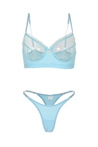 Set lenjerie sexy 2 piese cu dantela, sutien albastru deschis