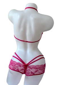 Set lenjerie sexy 2 piese cu dantela, sutien, chiloti tanga, roz - Img 2