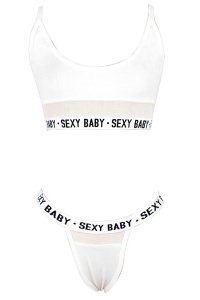Set lenjerie sexy 2 piese, print sexy baby, bustiera si chilot tanga, alb - Img 2