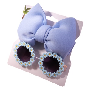Set ochelari de soare pentru fetite cu funda supradimendionata pentru par, model floricele vesele, marime universala, albastru - Img 2