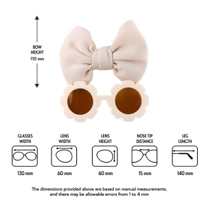 Set ochelari de soare pentru fetite, model rotund tip floare, accesorizat cu funda supradimensionata asortata, tematica fancy summer, marime universala, bej - Img 4