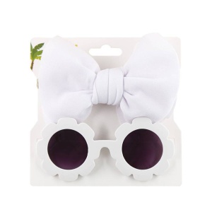 Set ochelari de soare pentru fetite, model rotund tip floare, accesorizat cu funda supradimensionata asortata, tematica fancy summer, marime universala, alb - Img 2