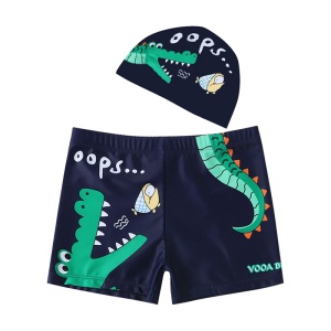 Set pantaloni de baie pentru baieti cu casca asortata, M2, tematica happy summer vibe, model crocodilul Oops si prietenii lui, albastru inchis