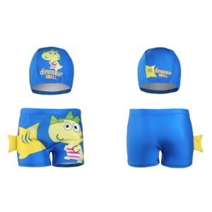 Set pantaloni de baie pentru baieti cu casca asortata, tematica lumea dinozaurilor acvatici, model reptila dino vesel, albastru - Img 4