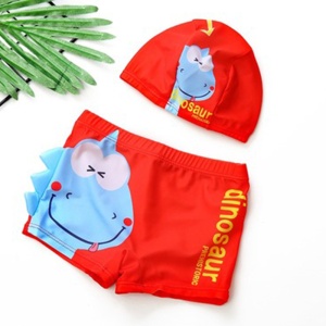 Set pantaloni de baie pentru baieti cu casca asortata, tematica lumea dinozaurilor acvatici, model reptila dino poznas, rosu - Img 2