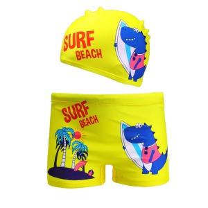 Set pantaloni de baie pentru baieti cu casca asortata, tematica petrecere pe plaja, model dino surf beach, galbeni