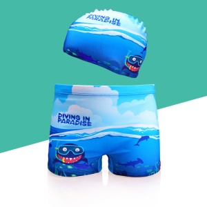 Set pantaloni de baie pentru baieti cu casca asortata, tematica petrecere pe plaja, model rechin scuba diving, albastru inchis - Img 2