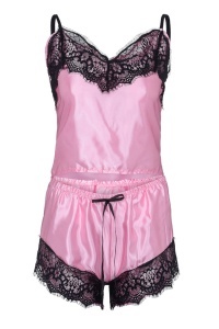 Set pijama, haine de stat in casa sexy, 2 piese, din satin, maieu si chilot tip pantalon scurt, roz - Img 3