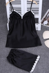 Set pijama, haine de stat in casa sexy, 2 piese, din satin, maieu si chilot tip pantalon scurt Negru - Img 2