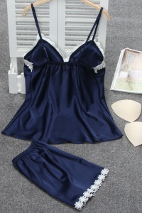 Set pijama, haine de stat in casa sexy, 2 piese, din satin, maieu si chilot tip pantalon scurt Albastru - Img 2