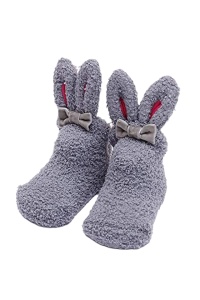 Sosete copii, calduroase, antiderapante, model iepuras, accesorizate cu urechiuse si fundita, gri