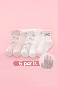 Sosete copii, set 5 perechi, model dragalas confortabil, accesoriu fundita si print cu floricele, tematica happy baby– 3 ani, alb cu roz - Img 2