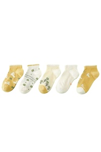 Sosete copii, set 5 perechi, model dragalas, print cu iepurasi si floricele, tematica baby steps– 1 ani, galben cu alb