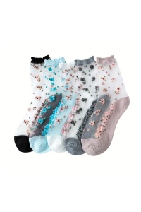Sosete dama, set de 5 perechi, model delicat semitransparent, intaritura la varf si pe talpa, imprimeu cu flori, tematica cute spring, marimea 36 – 42, multicolore