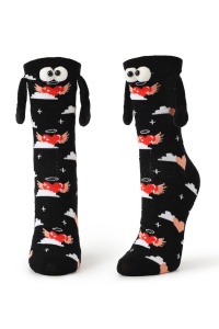 Sosete haioase, model vesel accesorizat cu manute cu magnet si ochisori, imprimeu funny cu inimioare, tematica let's be friends, unisex, marime 36-42, negru cu rosu