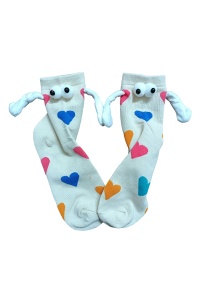 Sosete haioase, model vesel accesorizat cu manute cu magnet si ochisori, imprimeu cu inimioare, tematica crazy couple love, unisex, marime 36-42, multicolore cu alb