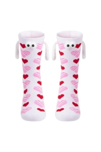 Sosete haioase, model vesel accesorizat cu manute cu magnet si ochisori, imprimeu cu inimioare, tematica crazy couple love, unisex, marime 36-42, albe - Img 4