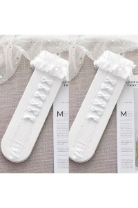 Sosete pentru fetite, model chic cu fundite multiple, pana la genunchi, tematica little lady style, albe - Img 3