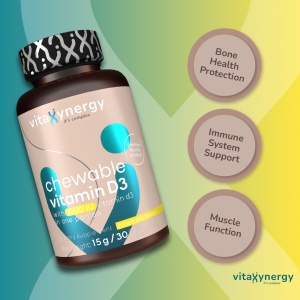 VITAXYNERGY CHEWABLE VITAMIN D3 2000 UI - 30 Tablete Supliment Nutritiv pentru Sanatatea Oaselor si Imunitate, Tablete Masticabile, aroma de ananas, Aprobat de Ministerul Sanatatii, Certificat FDA, GMP, Halal - Img 3