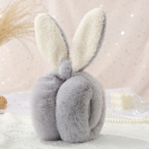 Acoperitori pentru urechi, protectie impotriva frigului, model casti pufoase cu urechi lungi de iepuras, pliabile, tematica happy bunny, marime universala, gri - Img 4