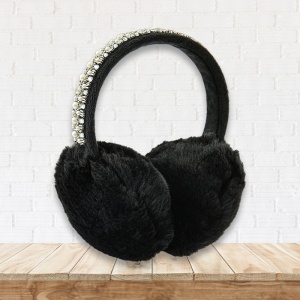 Acoperitori pentru urechi, protectie impotriva frigului, model casti dama rotunde, accesorizate cu margelute, tematica royal fashion, marime universala, negre - Img 2